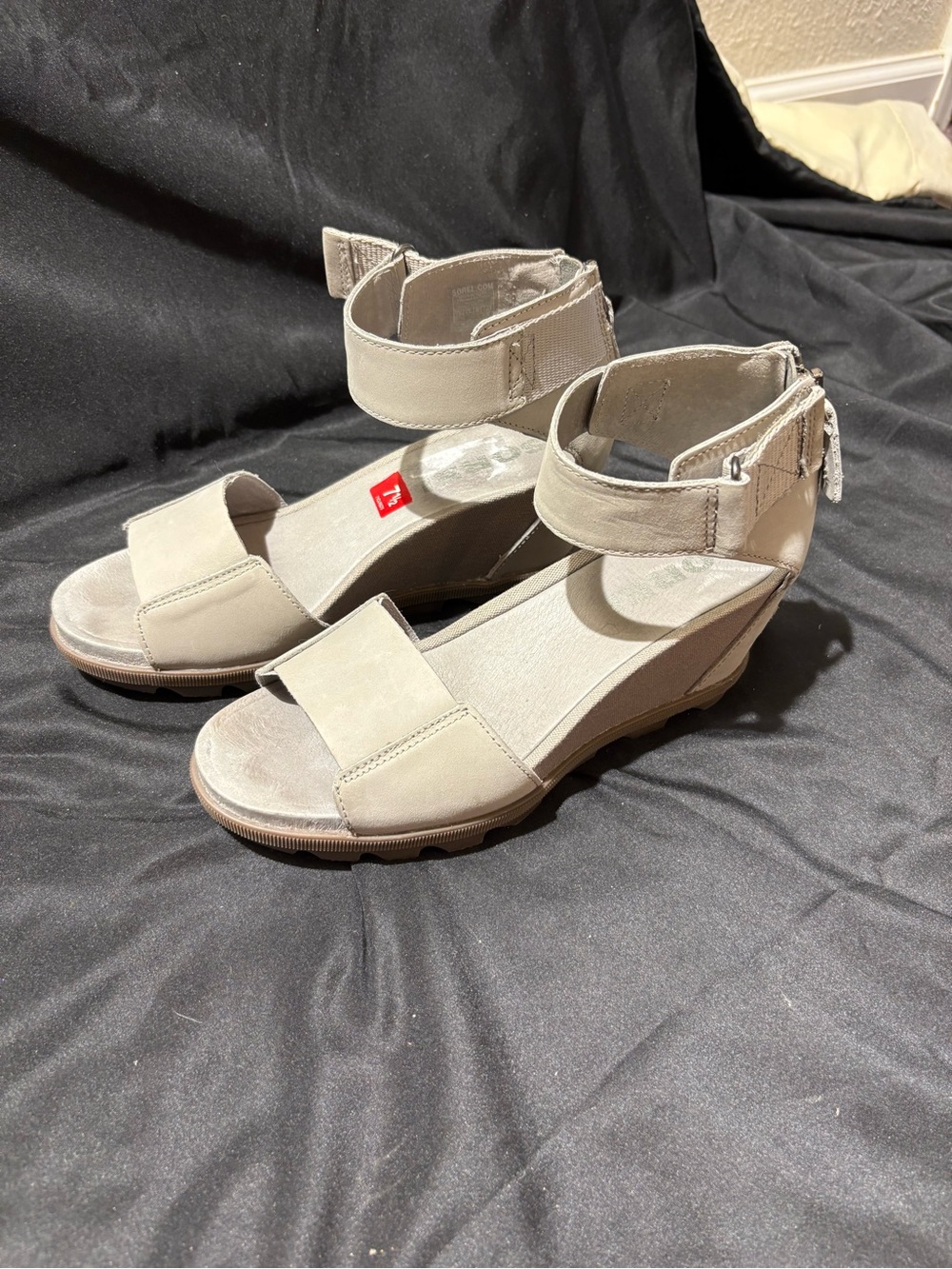 Sorel Taupe Suede Wedge Sandals with Ankle Strap